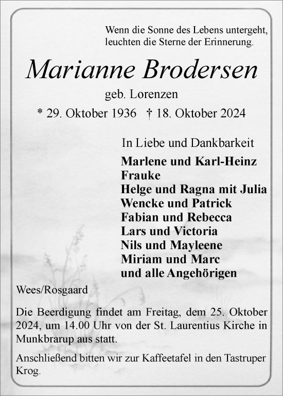 Traueranzeige von Marianne Brodersen von Flensburger Tageblatt