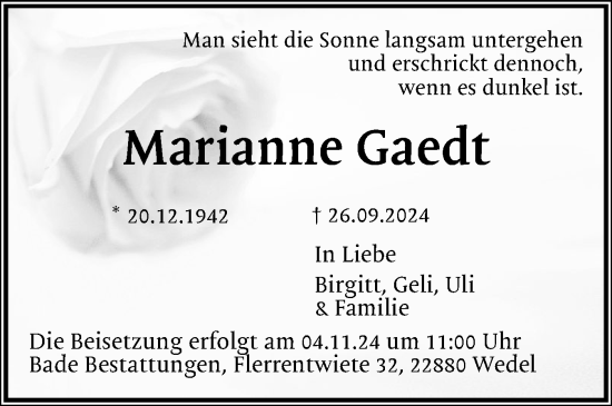 Traueranzeige von Marianne Gaedt von Wedel-Schulauer Tageblatt, tip Wedel-Schulauer Tageblatt, tip Rissener Rundschau