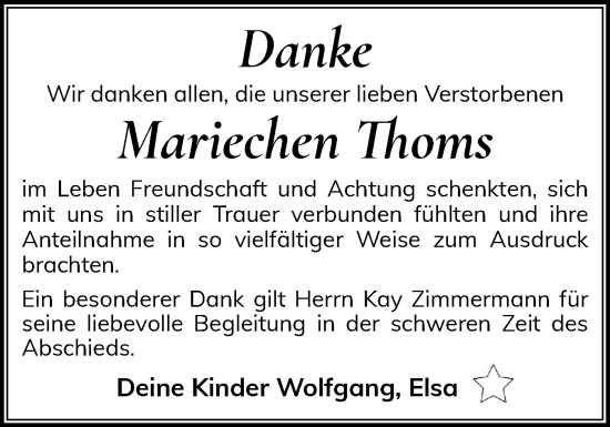 Traueranzeige von Mariechen Thoms von Eckernförder Zeitung, Hallo Eckernförde