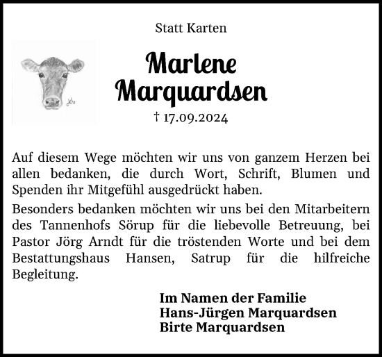 Traueranzeige von Marlene Marquardsen von Flensburger Tageblatt, Schleswiger Nachrichten, Schlei-Bote