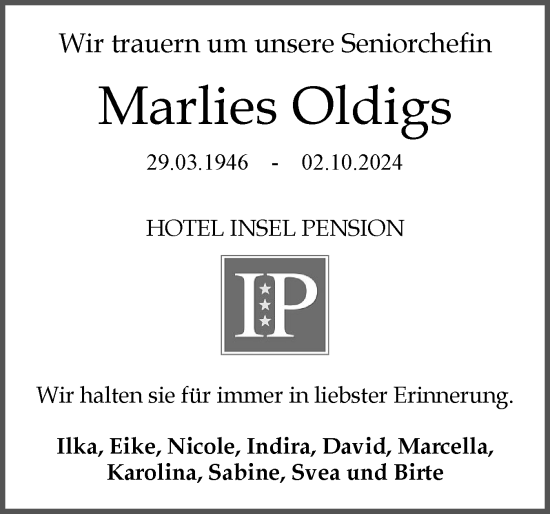 Traueranzeige von Marlies Oldigs von Husumer Nachrichten, Nordfriesland Tageblatt