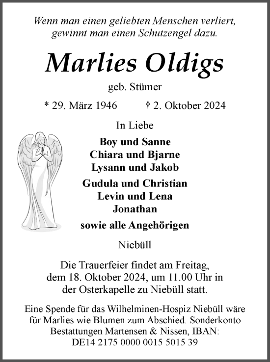 Traueranzeige von Marlies Oldigs von Husumer Nachrichten, Nordfriesland Tageblatt