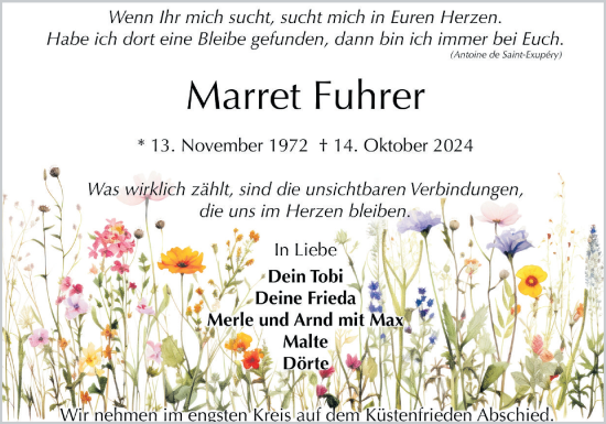 Traueranzeige von Marret Fuhrer von Eckernförder Zeitung, Hallo Eckernförde