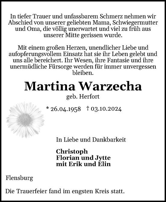 Traueranzeige von Martina Warzecha von Flensburger Tageblatt
