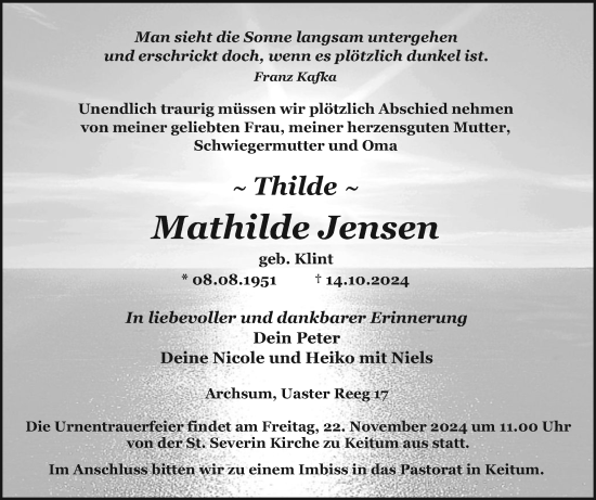 Traueranzeige von Mathilde Jensen von Sylter Rundschau