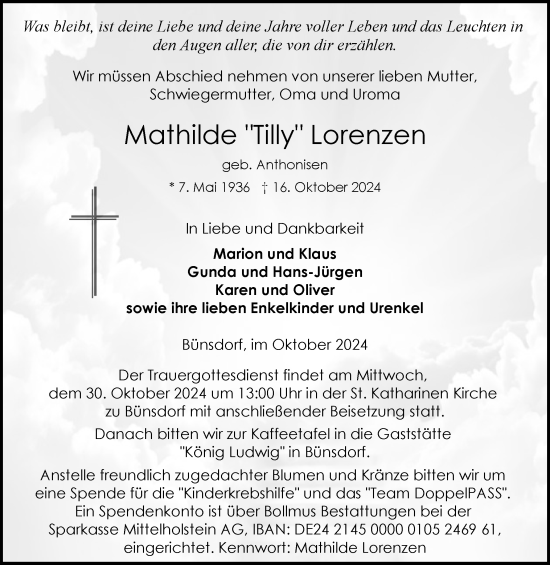 Traueranzeige von Mathilde Lorenzen von Schleswig-Holsteinische Landeszeitung