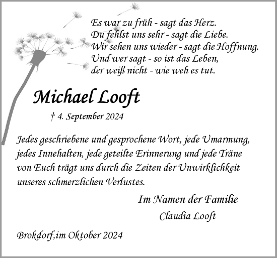 Traueranzeige von Michael Looft von Norddeutsche Rundschau, Wilstersche Zeitung, Glückstädter Fortuna