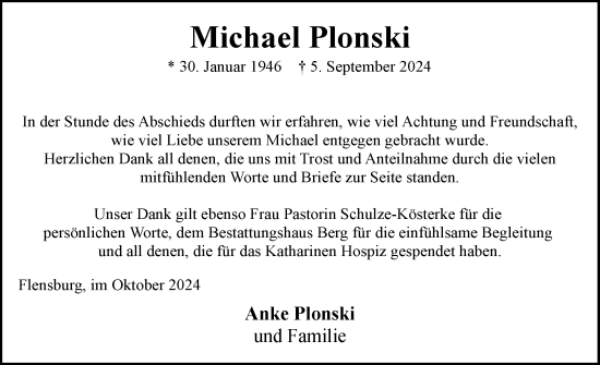 Traueranzeige von Michael Plonski von Flensburger Tageblatt