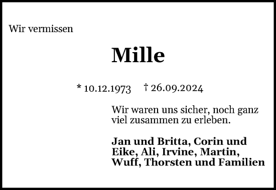 Traueranzeige von Mille  von Schleswiger Nachrichten, Schlei-Bote