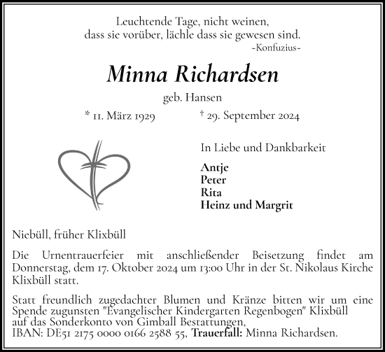 Traueranzeige von Minna Richardsen von Husumer Nachrichten, Nordfriesland Tageblatt