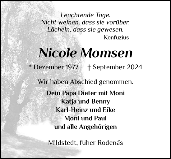 Traueranzeige von Nicole Momsen von Husumer Nachrichten, Nordfriesland Tageblatt