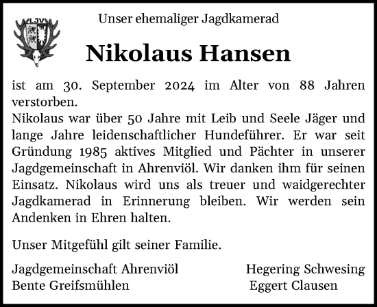 Traueranzeige von Nikolaus Hansen von Husumer Nachrichten, Nordfriesland Tageblatt