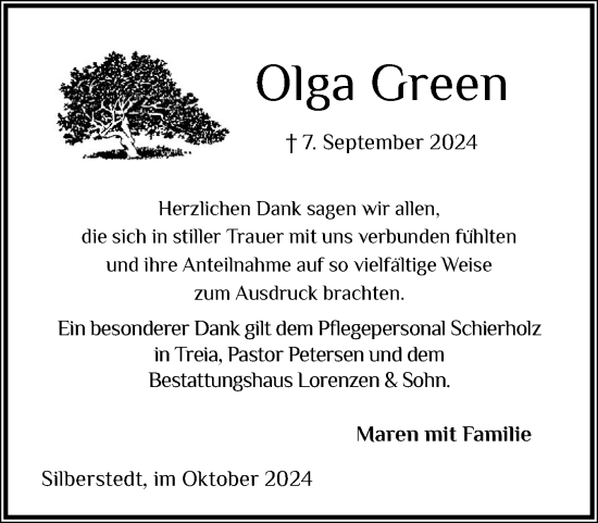Traueranzeige von Olga Green von Eckernförder Zeitung, Hallo Eckernförde