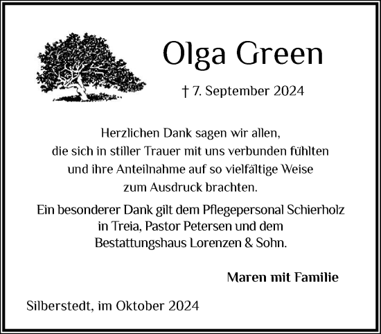 Traueranzeige von Olga Green von Schleswiger Nachrichten, Schlei-Bote