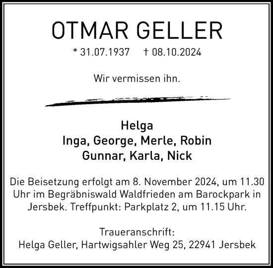 Traueranzeige von Otmar Geller von Stormaner Tageblatt