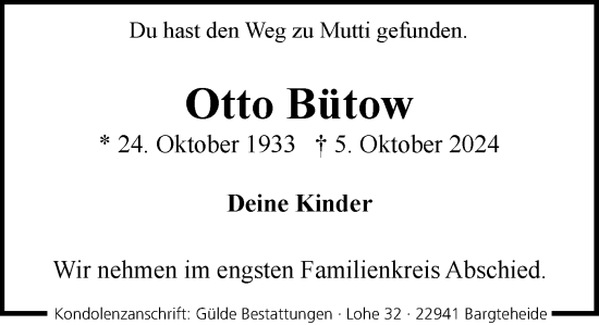 Traueranzeige von Otto Bütow von Stormaner Tageblatt