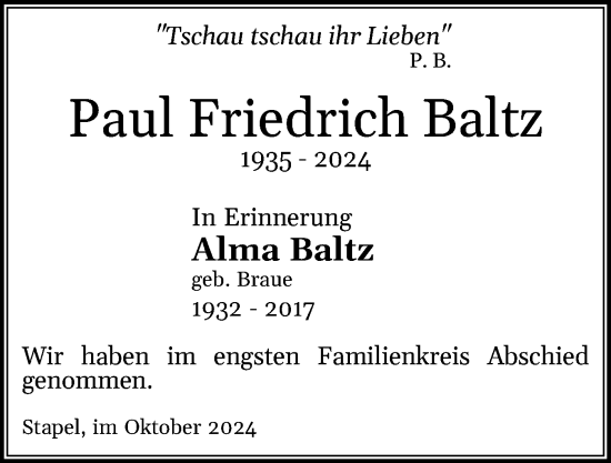 Traueranzeige von Paul Friedrich Baltz von Husumer Nachrichten, Nordfriesland Tageblatt
