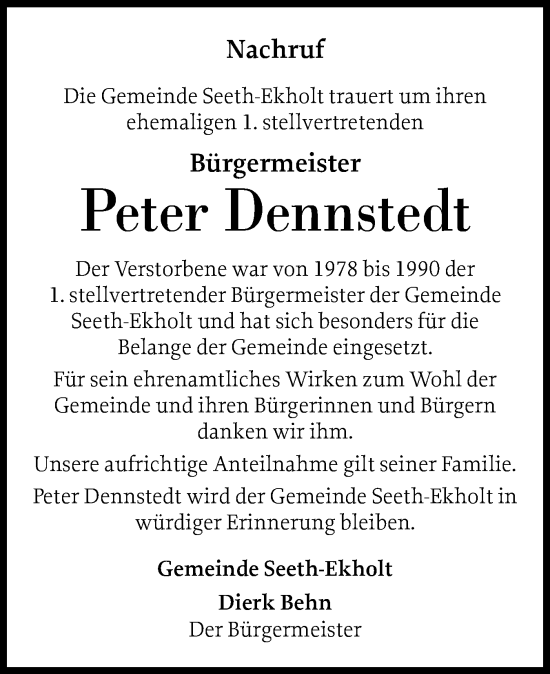 Traueranzeige von Peter Dennstedt von Elmshorner Nachrichten, Barmstedter Zeitung