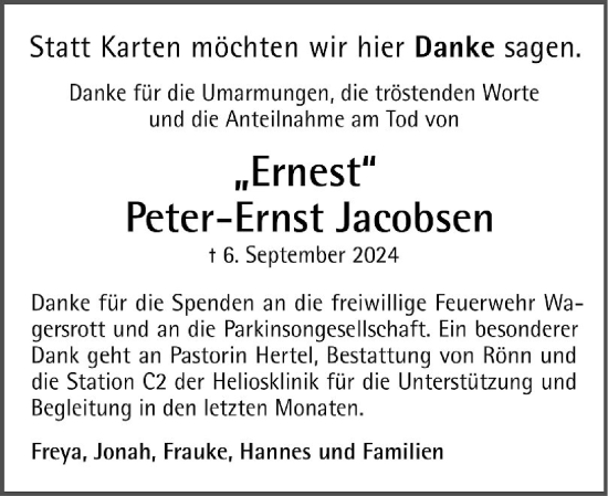 Traueranzeige von Peter-Ernst Jacobsen von Flensburger Tageblatt, Schleswiger Nachrichten, Schlei-Bote