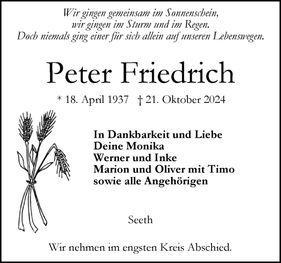 Traueranzeige von Peter Friedrich von Husumer Nachrichten, Nordfriesland Tageblatt