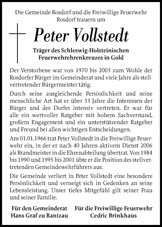 Traueranzeige von Peter Vollstedt von Norddeutsche Rundschau, Wilstersche Zeitung, Glückstädter Fortuna