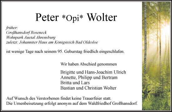 Traueranzeige von Peter Wolter von Stormaner Tageblatt