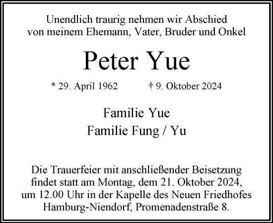 Traueranzeige von Peter Yue von Sylter Rundschau