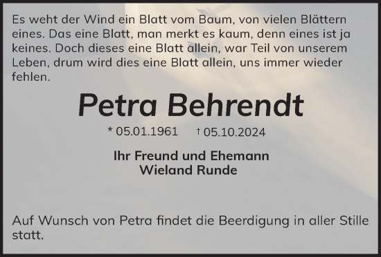 Traueranzeige von Petra Behrendt von Der Insel-Bote