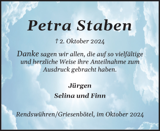 Traueranzeige von Petra Staben von Holsteinischer Courier