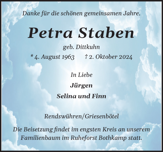 Traueranzeige von Petra Staben von Holsteinischer Courier