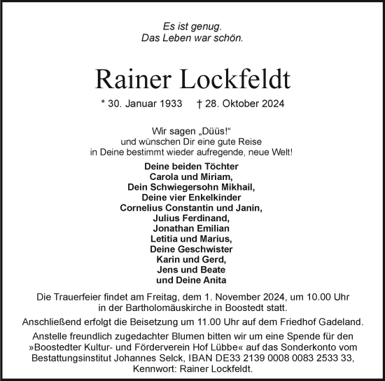 Traueranzeige von Rainer Lockfeldt von Holsteinischer Courier