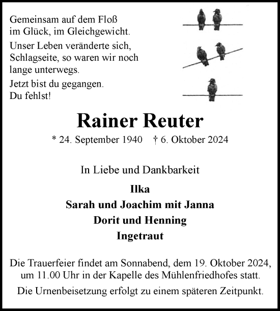 Traueranzeige von Rainer Reuter von Flensburger Tageblatt