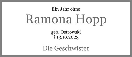 Traueranzeige von Ramona Hopp von Schleswiger Nachrichten, Schlei-Bote