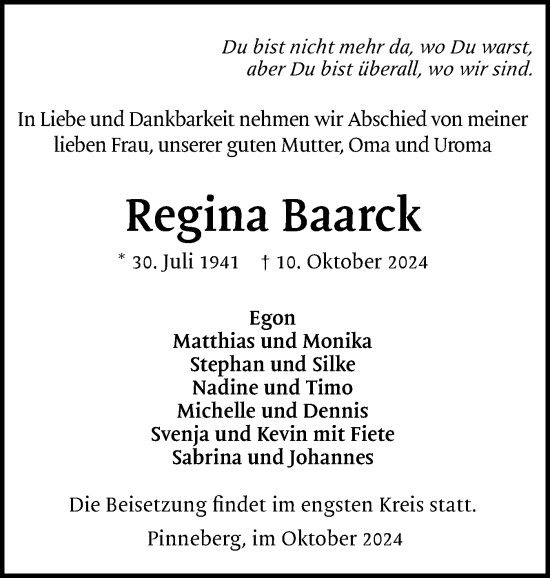 Traueranzeige von Regina Baarck von Region Pinneberg und tip Pinneberg