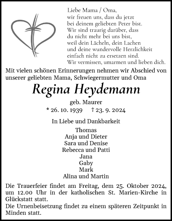 Traueranzeige von Regina Heydemann von Norddeutsche Rundschau, Wilstersche Zeitung, Glückstädter Fortuna