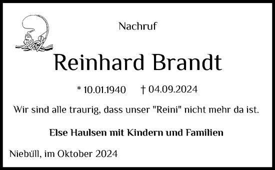 Traueranzeige von Reinhard Brandt von Husumer Nachrichten, Nordfriesland Tageblatt