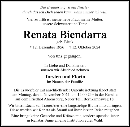 Traueranzeige von Renata Biendarra von Stormaner Tageblatt