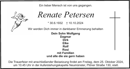 Traueranzeige von Renate Petersen von Holsteinischer Courier