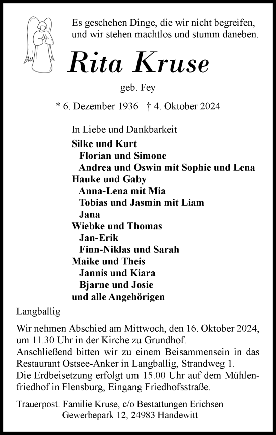 Traueranzeige von Rita Kruse von Region Flensburg