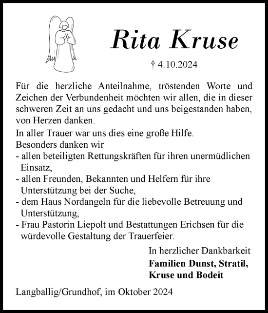Traueranzeige von Rita Kruse von Region Flensburg