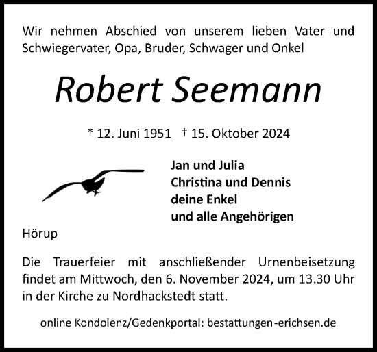 Traueranzeige von Robert Seemann von Flensburger Tageblatt