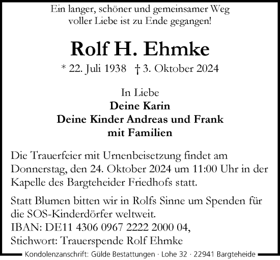 Traueranzeige von Rolf H. Ehmke von Stormaner Tageblatt