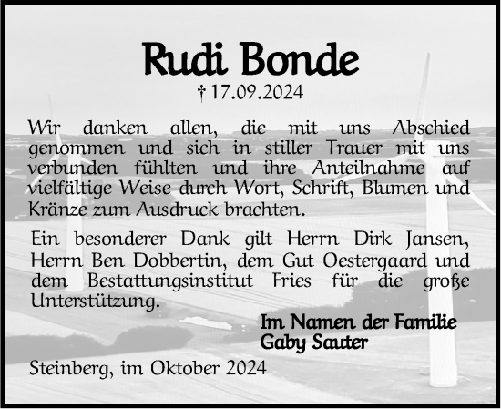 Traueranzeige von Rudi Bonde von Flensburger Tageblatt