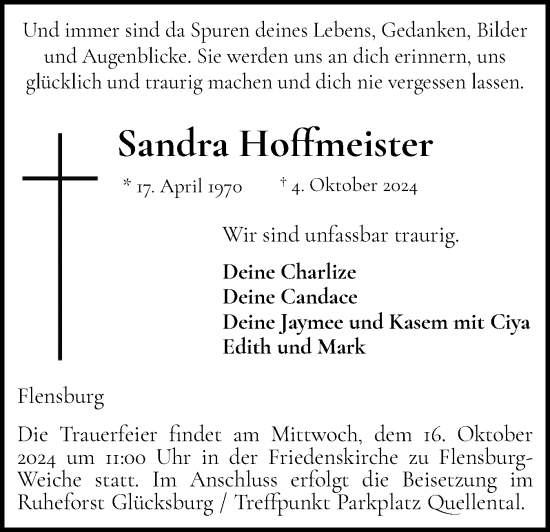 Traueranzeige von Sandra Hoffmeister von Flensburger Tageblatt