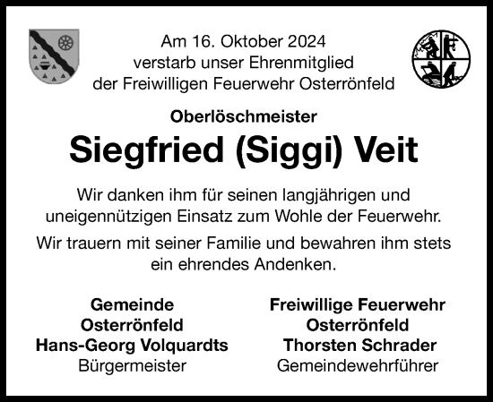 Traueranzeige von Siegfried Veit von Schleswig-Holsteinische Landeszeitung