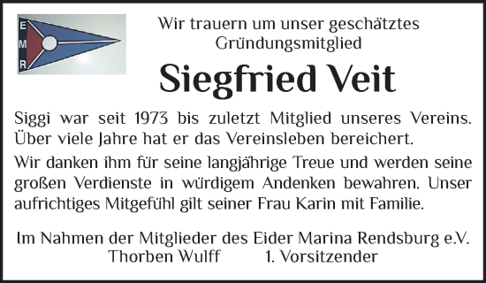 Traueranzeige von Siegfried Veit von Schleswig-Holsteinische Landeszeitung