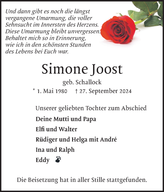 Traueranzeige von Simone Joost von Region Pinneberg und tip Pinneberg