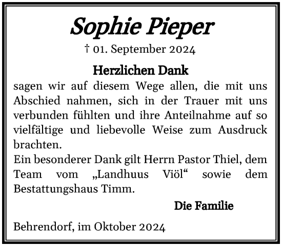 Traueranzeige von Sophie Pieper von Husumer Nachrichten, Nordfriesland Tageblatt