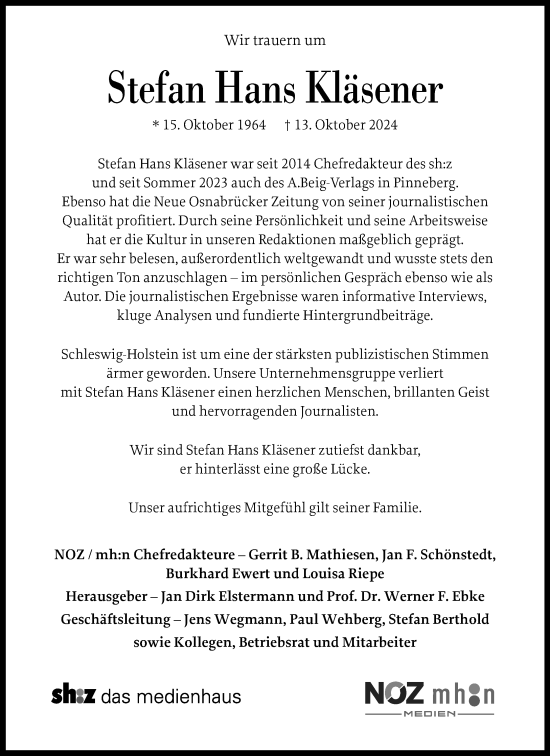 Traueranzeige von Stefan Hans Kläsener von Stormarner Tageblatt