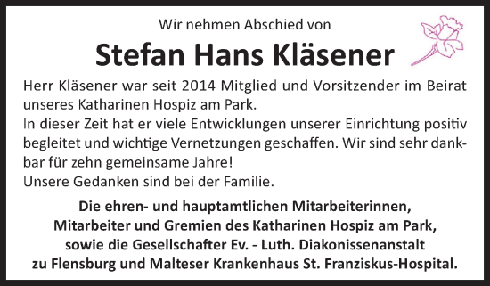 Traueranzeige von Stefan Hans Kläsener von Flensburger Tageblatt